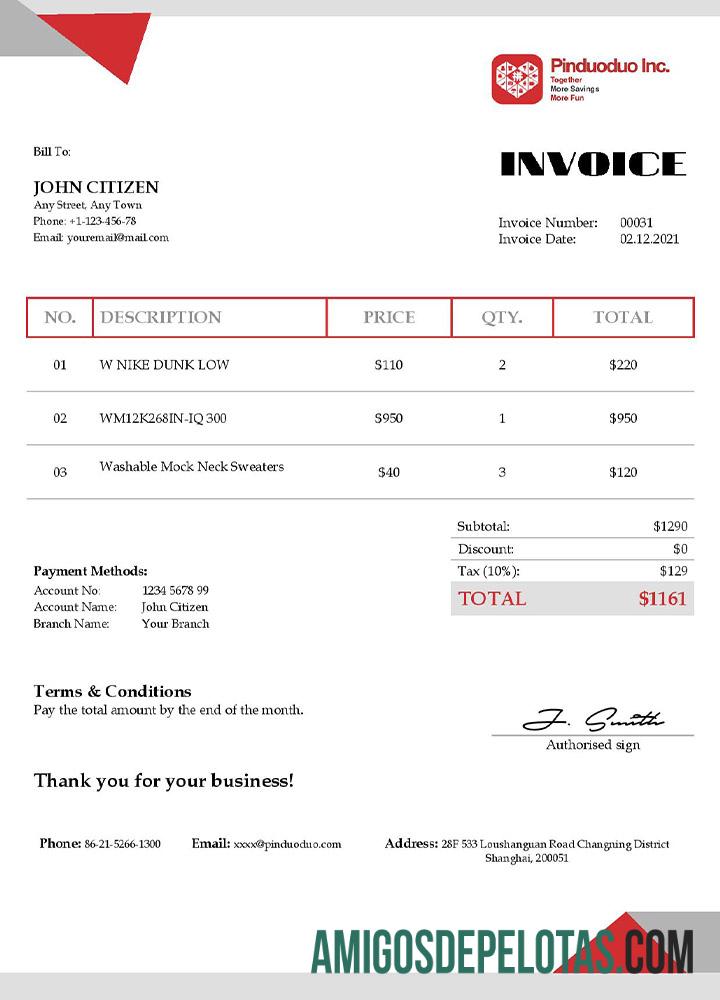 Fatura Pinduoduo dos EUA modelo